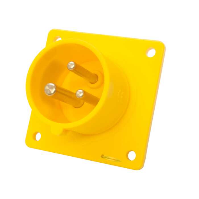 16amp 110v 2P+E IP44 Yellow Site Straight Flush Panel INLET Male. 3 Pole PCE (613-4f6)