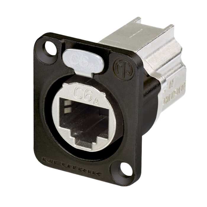 D-shape CAT6A panel connector. shielded. feedthrough. black housing . NE8FDX-P6-B