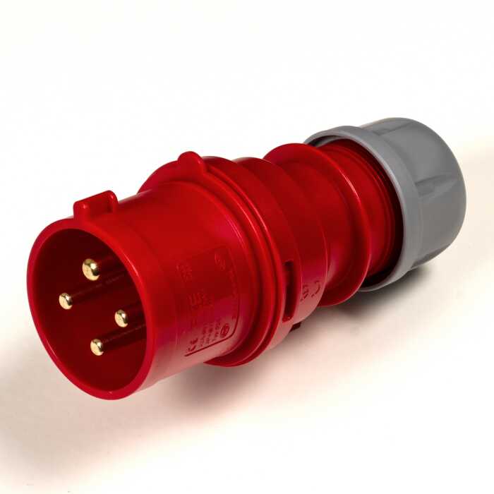 PCE 32A 4 Pin 3PE 400V. 3 Phase. Red Cable Mount Male Plug. IP44 (024-6)