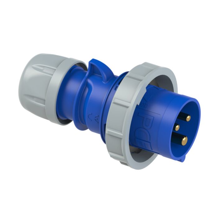 32amp IP67 Rated 240v 2P+E Ceeform Cable Mount Blue Male Plug. 3 Pole. PCE (0232-6)