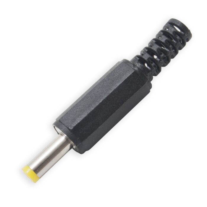 Straight 4 x 1.7mm DC plug. Plastic housing. Yellow tip