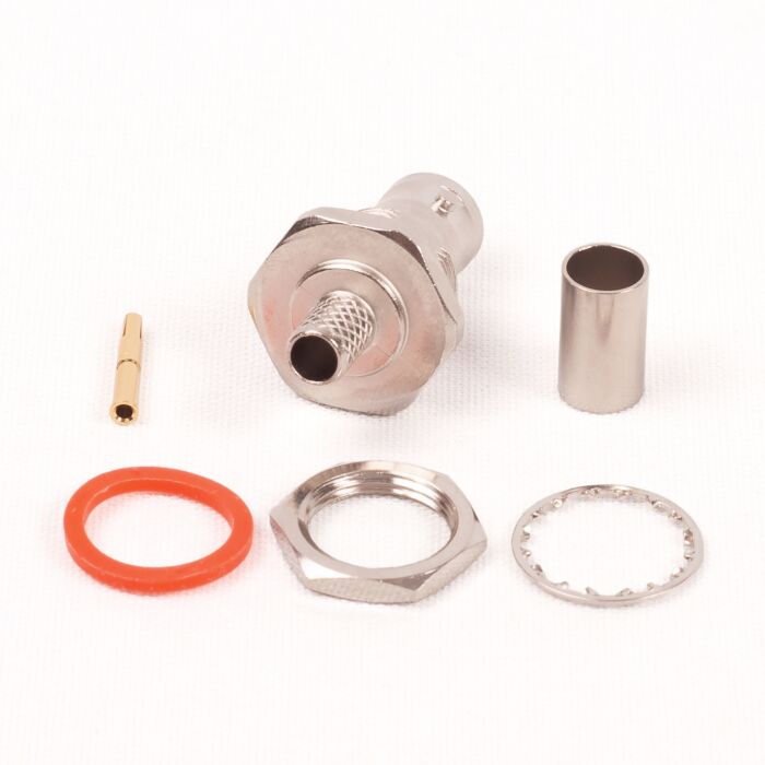 50Ω BNC Crimp Type Bulkhead Connector. For LMR240 Equivalent Cables
