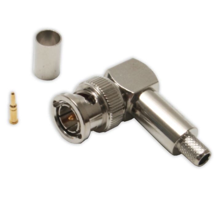 Angled BNC for RG59 Cable. 75ohm Video. Twist CRIMP Connector. CCTV. SPDIF. Time Code