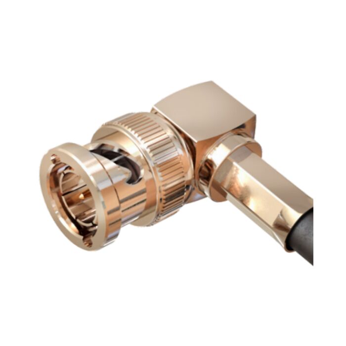 BNC 12G SDI Crimp Right Angle Plug. Nickel Plated. Belden 4855R