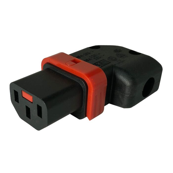 Locking C13 IEC. Female Cable Mount Rewireable Kettle Plug. IL13+ Angled Left & Right