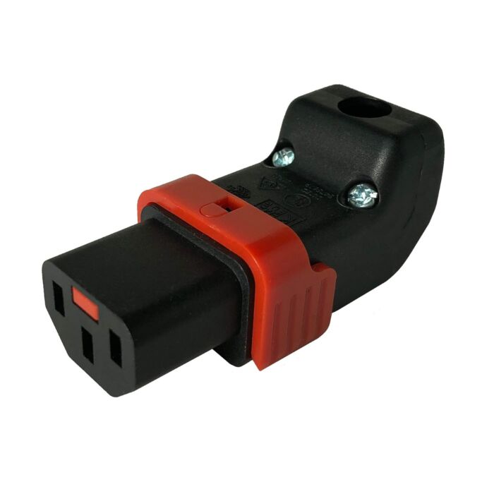 Locking C13 IEC. Female Cable Mount Rewireable Kettle Plug. IL13+ Angled North & South Up & Down