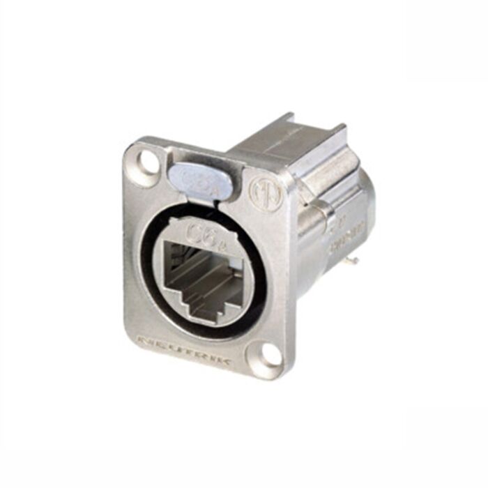 Neutrik D-shape IDC CAT6A panel connector shielded feedthrough Nickel housing. NE8FDX-Y6