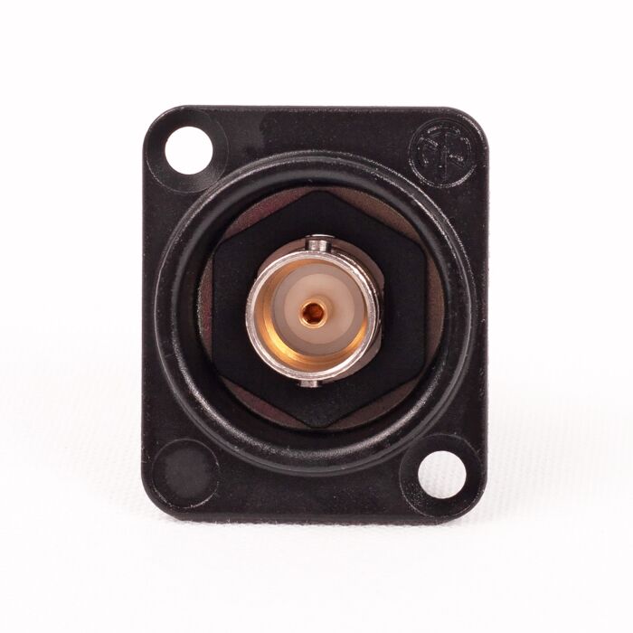 Neutrik Isolated BNC chassis connector feedthrough in Black D-shape housing. NBB75DFIB