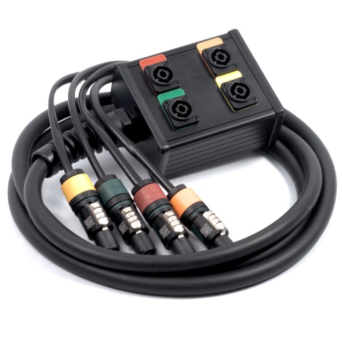 Speakon Multicore Breakout Box, to 30cm Tails. 4 NL4FX Sockets to 4 Plugs