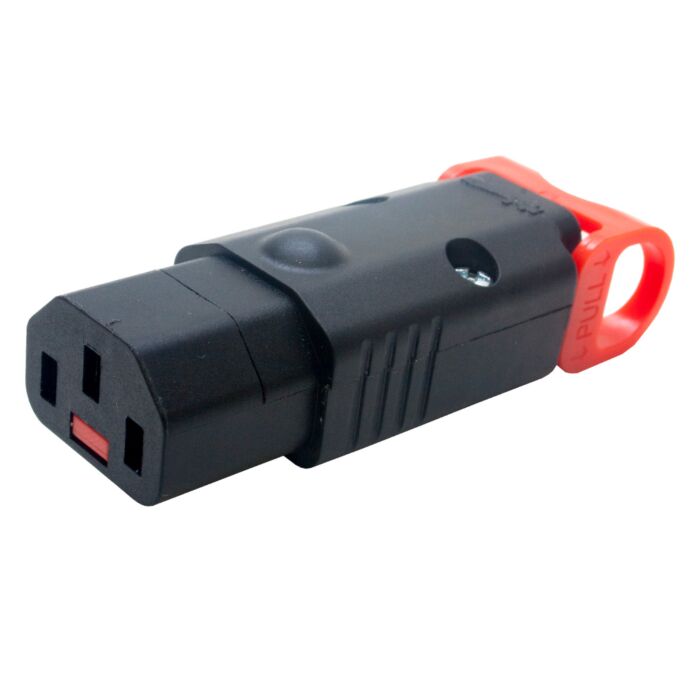 Locking C13 IEC. Female Cable Mount Rewireable Kettle Plug. IL13+ Rewireable IEC Lock
