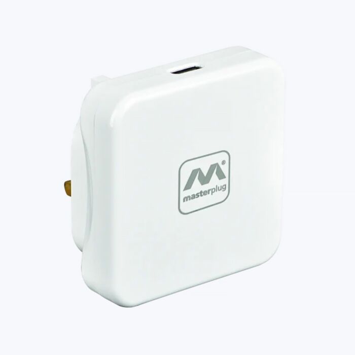 UK Mains USB C Charger. MASTERPLUG. Gloss White Plug Top. iPhone iPad Samsung. USBPLGC20W