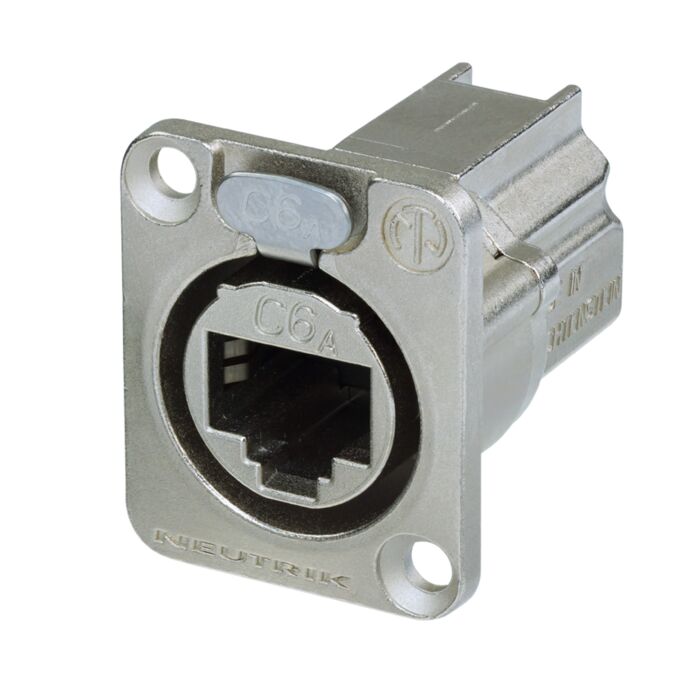 D-shape CAT6A panel connector. shielded. feedthrough. Nickel housing. NE8FDX-P6