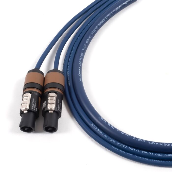 A1 Sound Van Damme Blue Series 2.5 Mm Sq Studio Grade UPOFC Classic Pro Loud Speaker Cable Pair, 2 Cables Terminated With Gold Plated 4mm Banana Plugs, 8 Plugs In Total. (2 Metre Pair