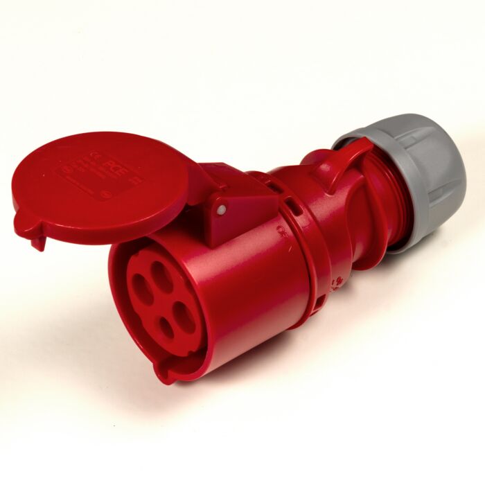 PCE 16A 4 Pin 3PE 400V. 3 Phase. Red Cable Mount Female Socket. IP44 (214-6)