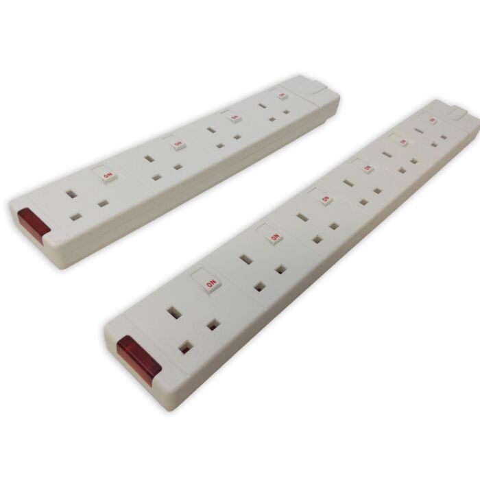 Permaplug 4 and 6 Gang White trailing Socket. Individually switched + Neon.