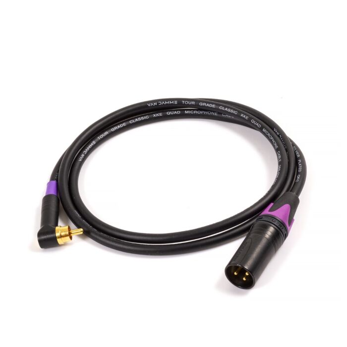 3502RABAU Angled RCA to Neutrik 3pin Male XLR Black. Quad Cable 1m Purple Boots