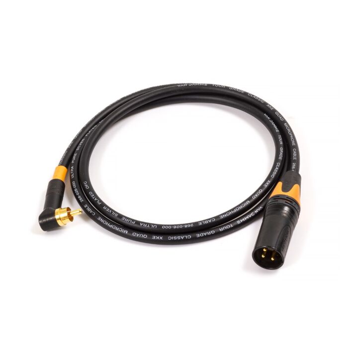 3502RABAU Angled RCA to Neutrik 3pin Male XLR Black. Quad Cable 1m Orange Boots
