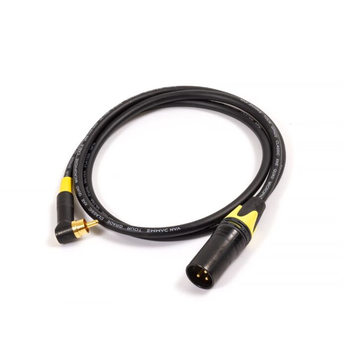 3502RABAU Angled RCA to Neutrik 3pin Male XLR Black. Quad Cable 1m Yellow Boots