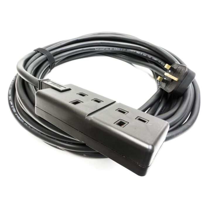 TOUGH H07RN-F Rubber Mains cable. Uk Plug to 2 Gang Socket. Black. Permaplug. 13amp