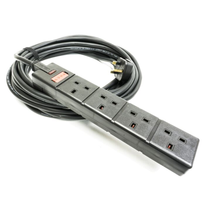 TOUGH H07RN-F Rubber Mains cable. Uk Plug to 4 Gang Socket. Black. Permaplug. 13amp