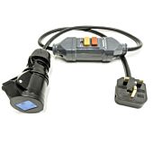 1m RCD Fly Lead to 16amp Socket. Safety Cable. Non-Latching. H07RN-F Tough Rubber 