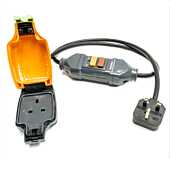 1m RCD Fly Lead to 1 gang IP54 Socket. Safety Cable. Non-Latching. H07RN-F Tough Rubber 